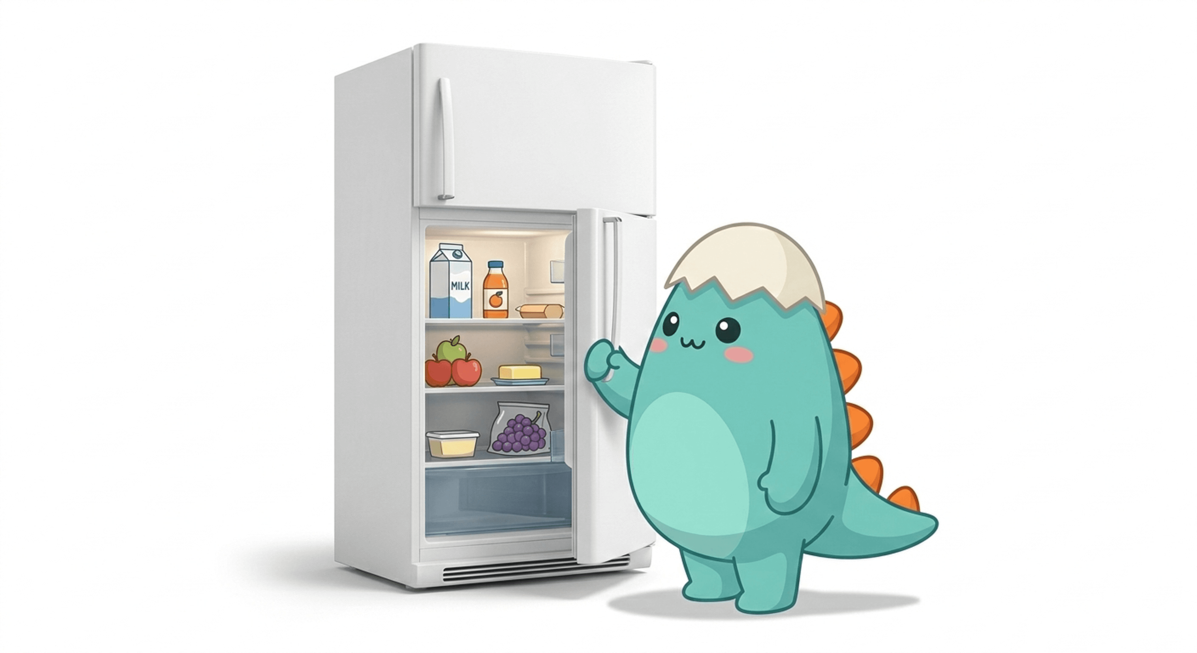 Curious Dino opening a fridge full of food