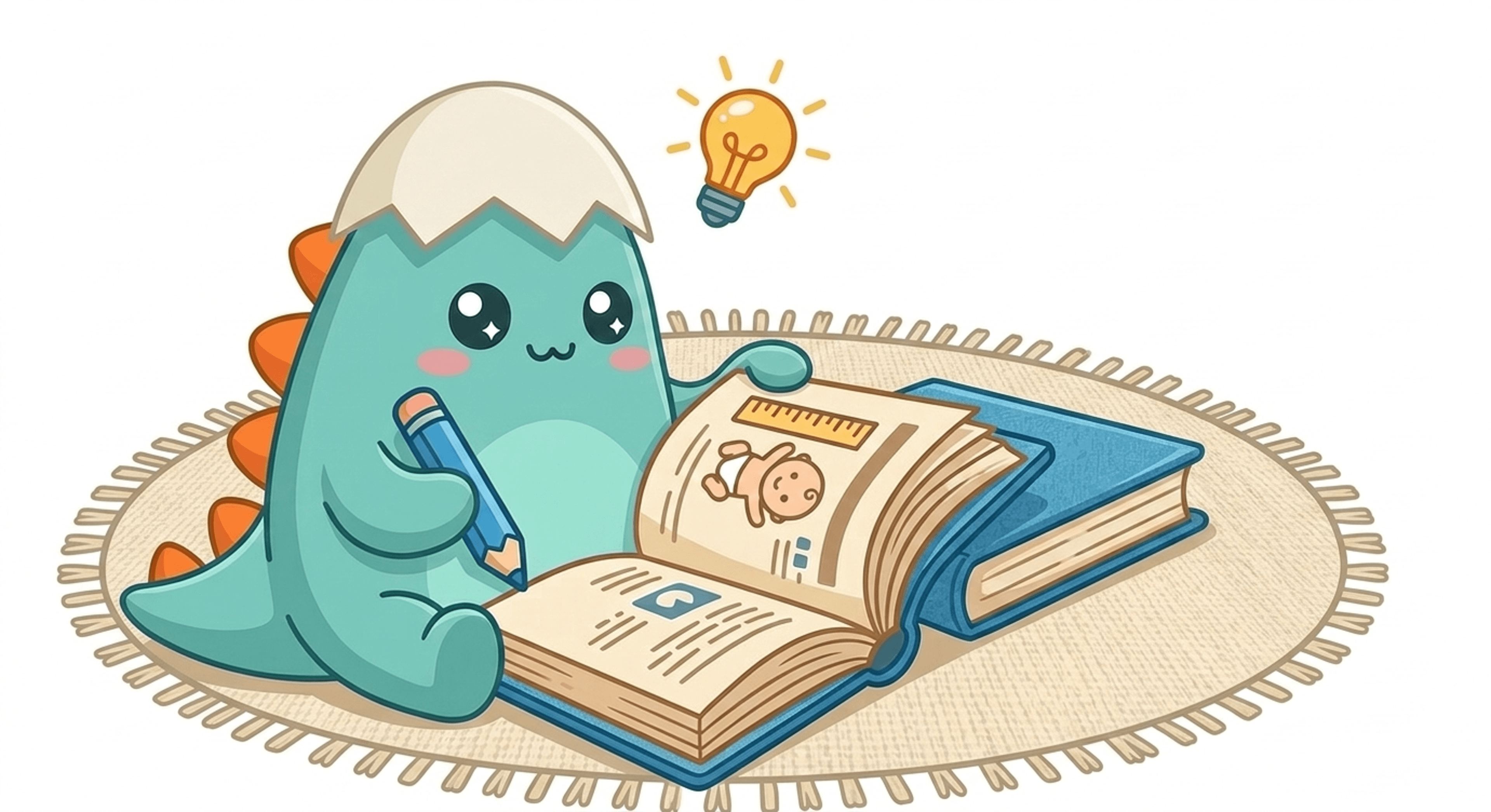 Curious Dino studying baby milestones with a book and lightbulb