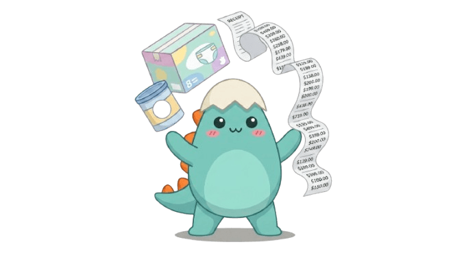 Curious Dino with a long baby expense receipt