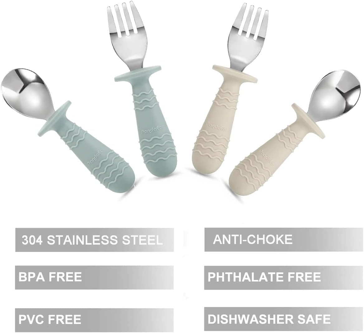 PandaEar 4 Set Baby Toddler Silicone Stainless Steel Utensils Silverware Spoon Fork for Baby Toddler BPA Free with Silicone Holding Anti-Choke Design (Morandi Green & Milky White) image 2
