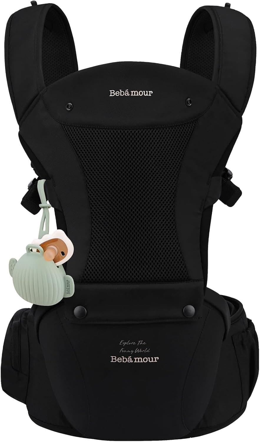 Bebamour Baby Carrier Newborn to Toddler Baby Carrier Hipseat 0-36Months with Head Hood, 3 PCS Teething Pads, Waist Extender, Black image 1