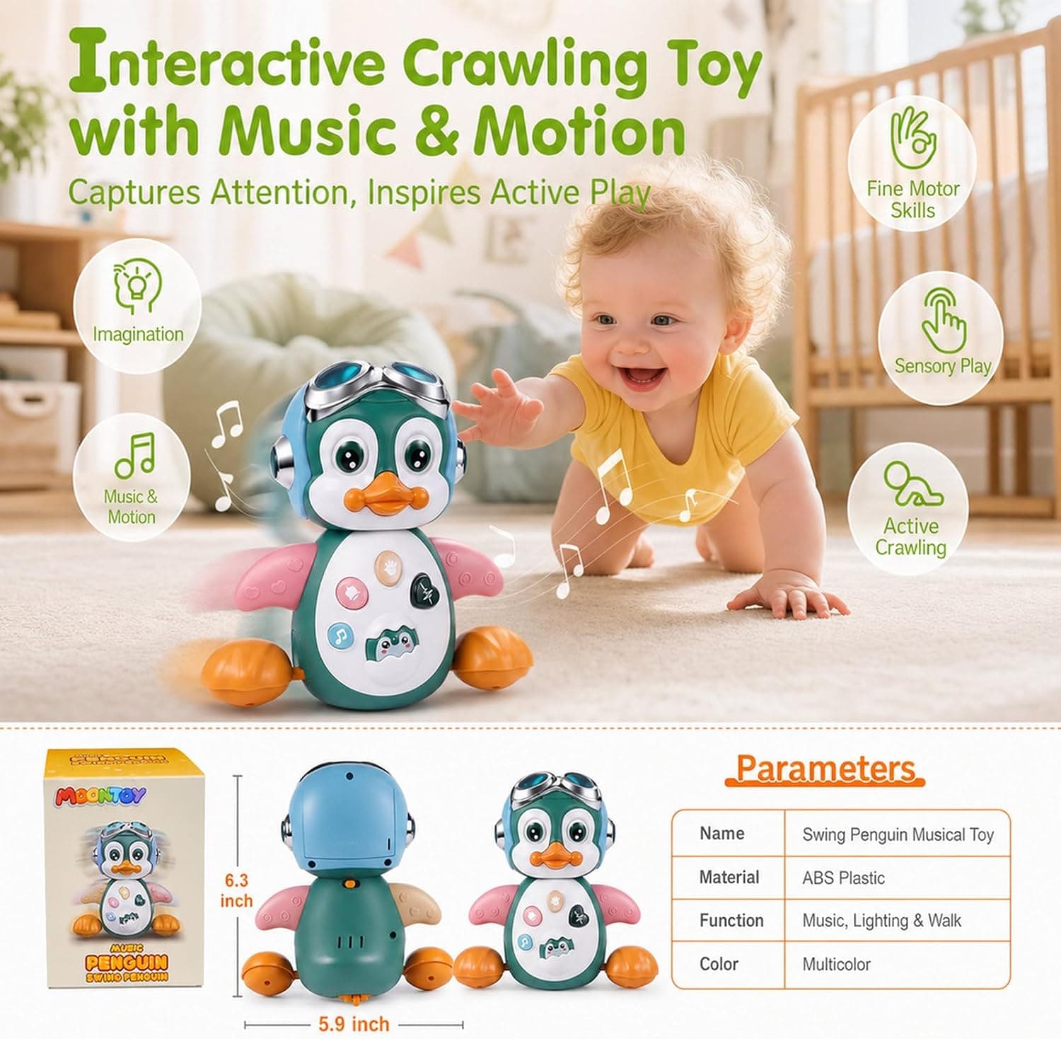 MOONTOY Light Up Musical Penguin, Crawling Baby Toy for Infants 0-12 Months | Dual play modes to motivate crawling practice, sensory interactive tummy time toy, perfect holiday & birthday gift for babies image 2