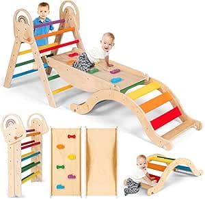 MnnktClair Montessori-Inspired Wooden Pikler Triangle, Space-Saving Indoor Jungle Gym with Convertible Ramp, Detachable Arch & Sturdy Ladder image 1