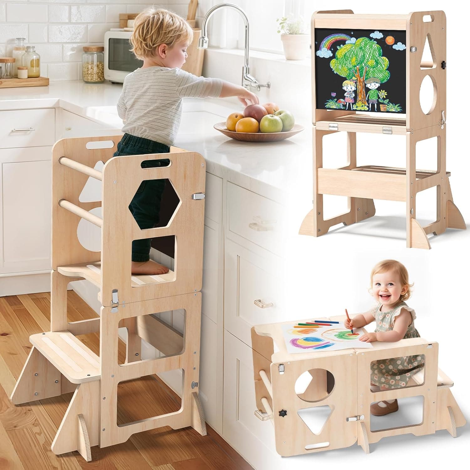 Woodure 4-in-1 Toddler Kitchen Step Stool, Foldable Learning Standing Tower with Blackboard, Wooden Kitchen Stool Helper for Kids, 1-3 Year Old Boy Girl Gifts image 1