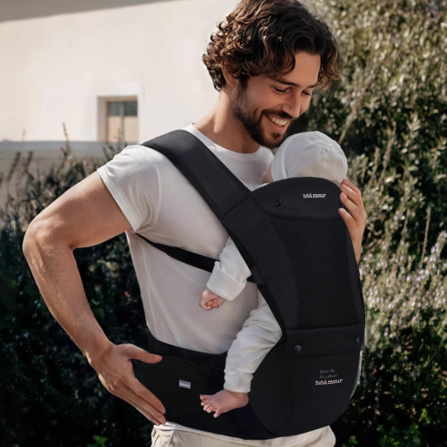 Bebamour Baby Carrier Newborn to Toddler Baby Carrier Hipseat 0-36Months with Head Hood, 3 PCS Teething Pads, Waist Extender, Black image 2