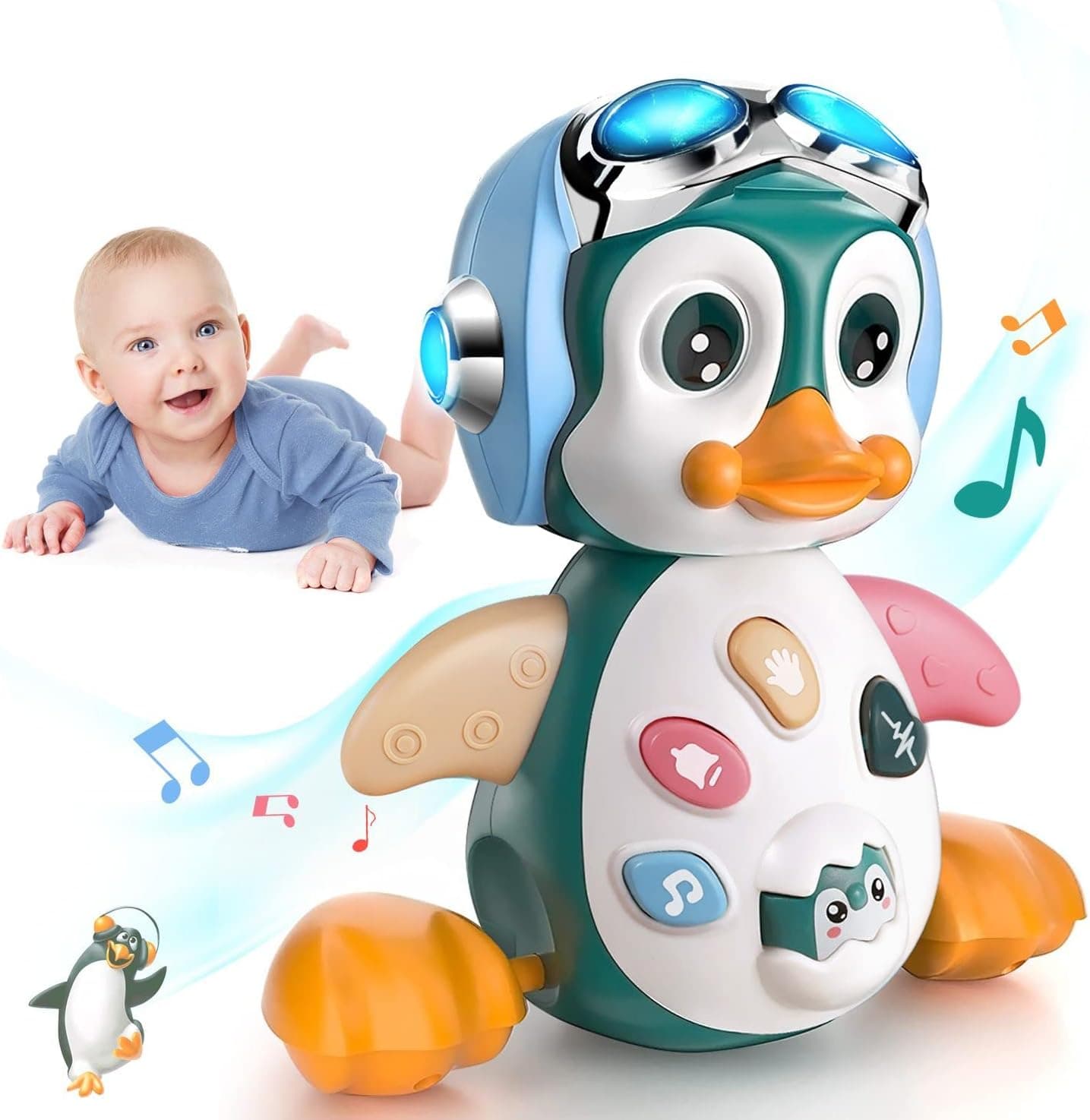 MOONTOY Light Up Musical Penguin, Crawling Baby Toy for Infants 0-12 Months | Dual play modes to motivate crawling practice, sensory interactive tummy time toy, perfect holiday & birthday gift for babies image 1