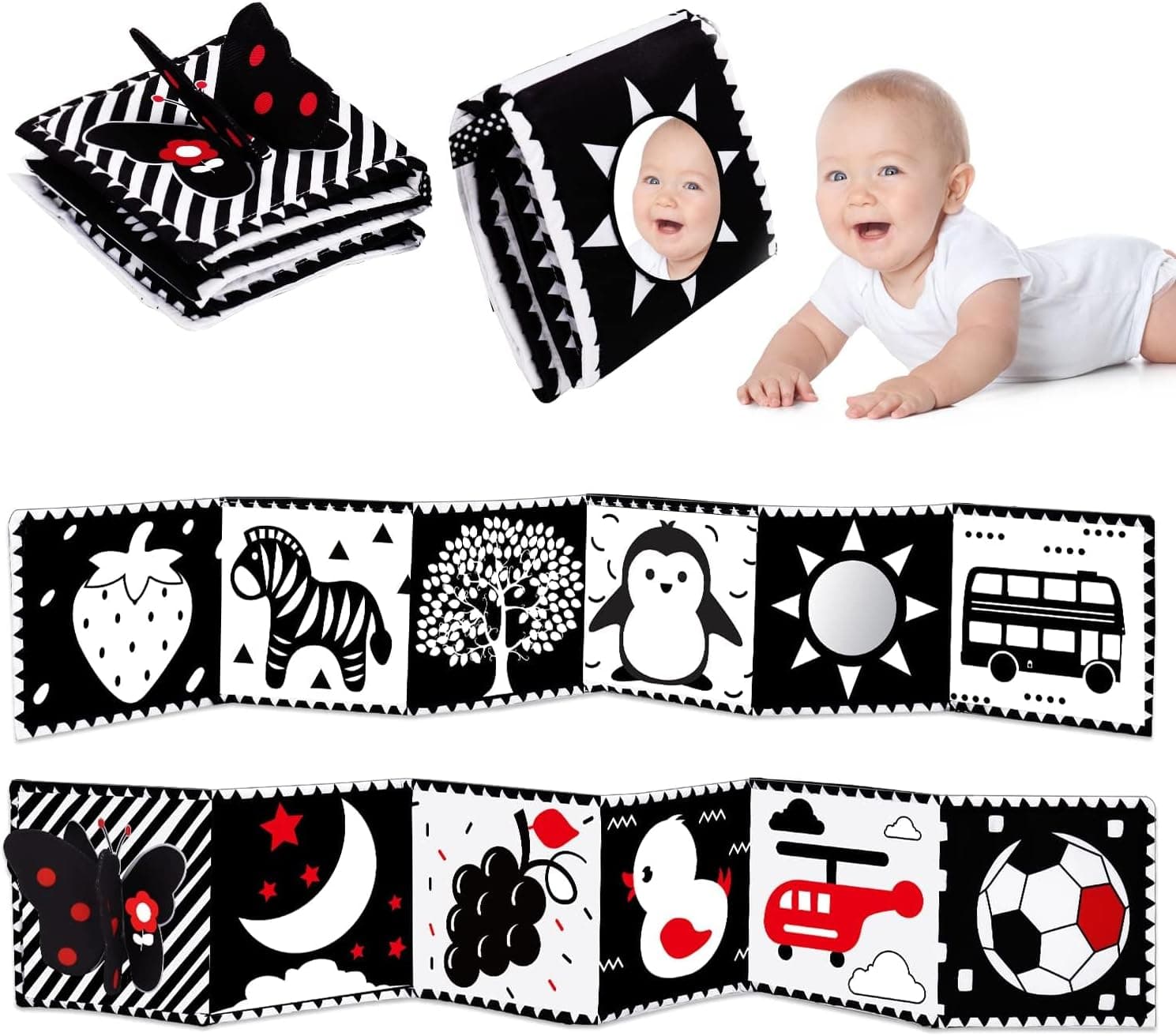 Baby Toys 0-3 Months: Black and White High Contrast Baby Toys 0-6 Months, Baby Soft Cloth Book Tummy-Time Toys with Mirror for Babies Infants 6-12 Months, Brain Development Newborn Toys Gift image 1